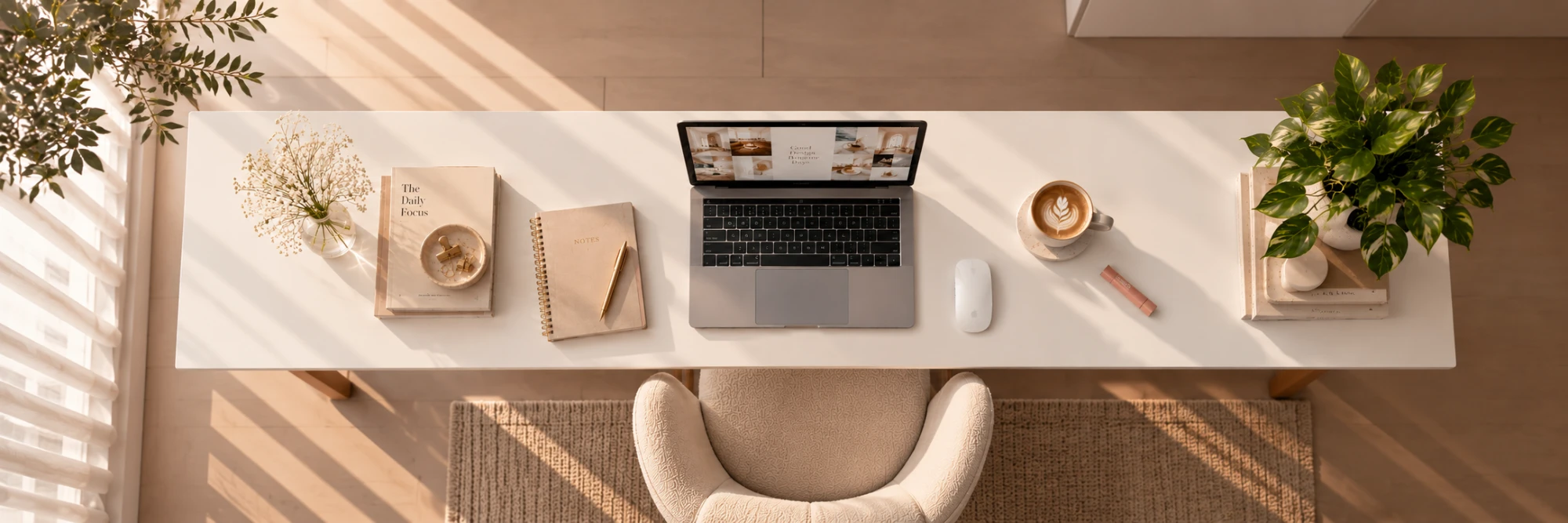 A sunlit designer desk with a laptop, notebooks, coffee and a plant, seen from above