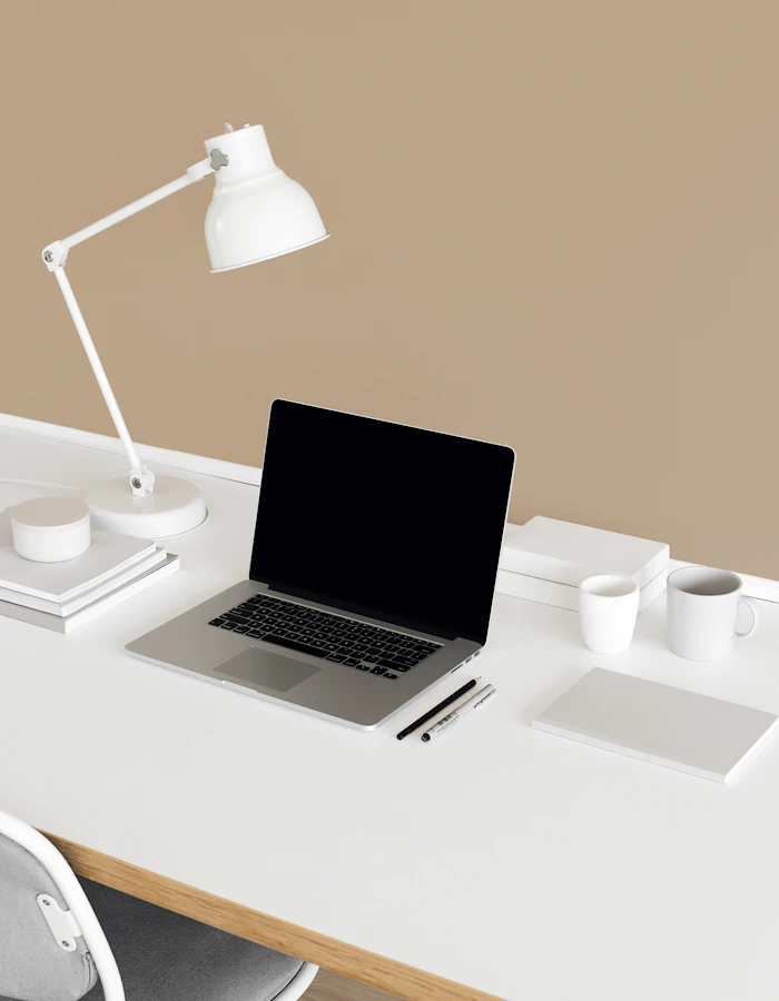 A minimal desk with a laptop and lamp